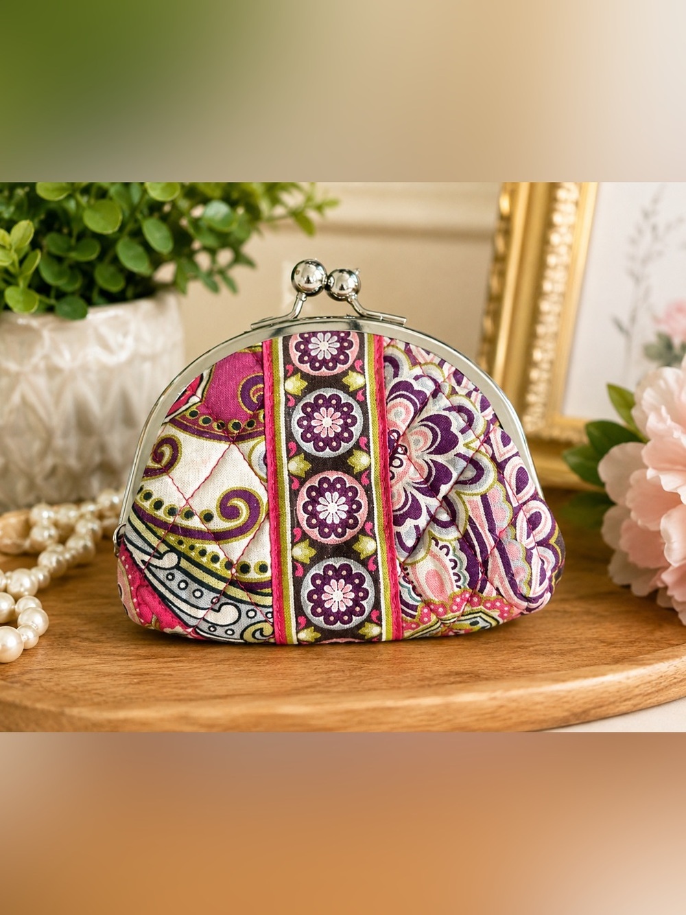 Vera Bradley Very Berry Paisley Double Kiss Lock Coin Purse Quilted Wallet
